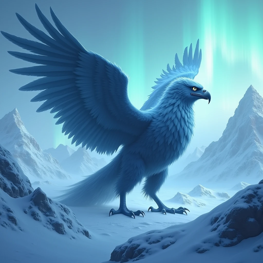 (Griffin), In a snow covered mountain range, the griffin is the king here, standing firm in the cold wind and demonstrating unparalleled strength. The colors are mainly white of ice and snow and deep blue of griffins, and the light and shadow are mainly mysterious auroras. The details are reflected in the crystallization of ice and snow and the resolute gaze of griffins. Beautiful cinematic lighting, surreal, color graded, dynamic movement, captivating chiaroscuro, full body, award-winning, cinematic still, emotional, vignette, dynamic, vivid, (masterpiece, best quality, photorealistic, Professional, perfect composition, very aesthetic, absurdres, ultra-detailed, intricate details:1.3)