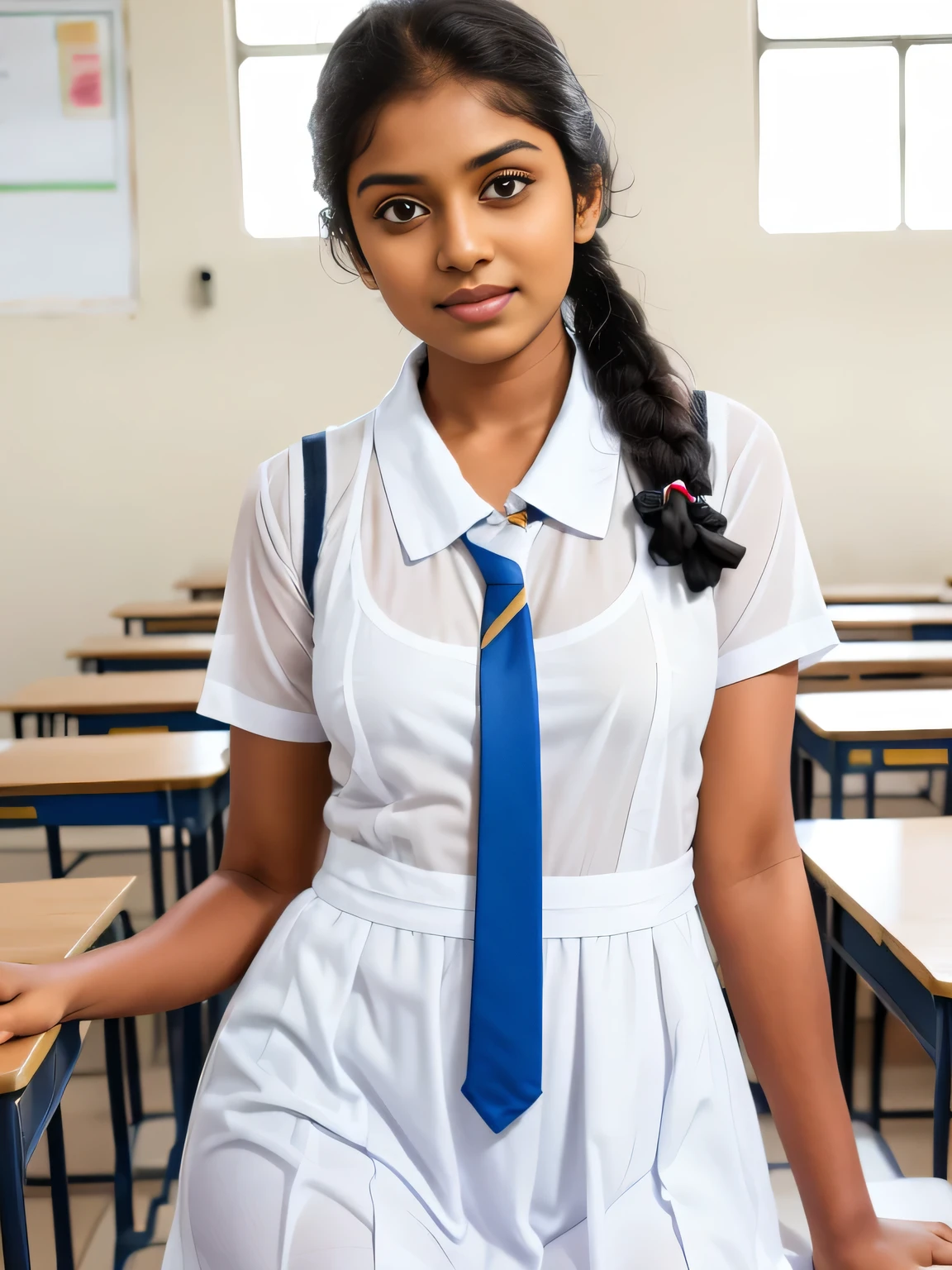 Srilankan school frock with pockets,putting hands in pockets pose,striped coloured tie,short sleeves pleated cotton midi frock,white frock,white shoes,both hands in side pockets pose,chest pocket,long tie,in the classroom,long braid hair 