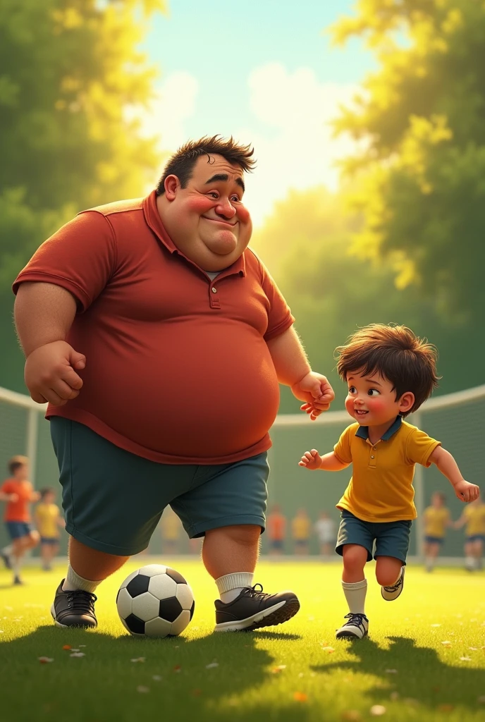 I need you to generate an image of the fat person playing soccer tired while playing with a child