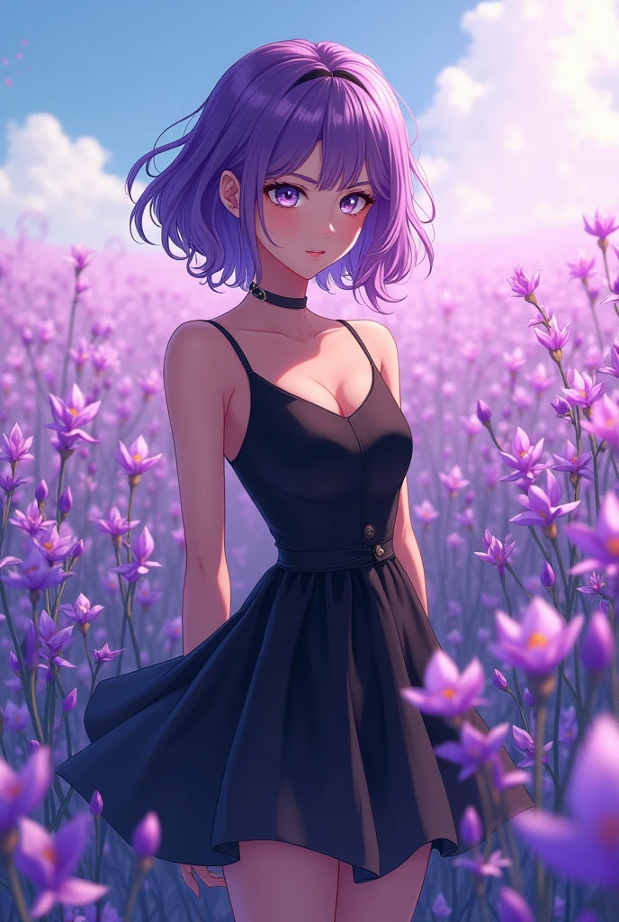 Anime girl with purple hair, silver eyes, brown skin and a black poofy dress standing in a field of purple flowers (full body)