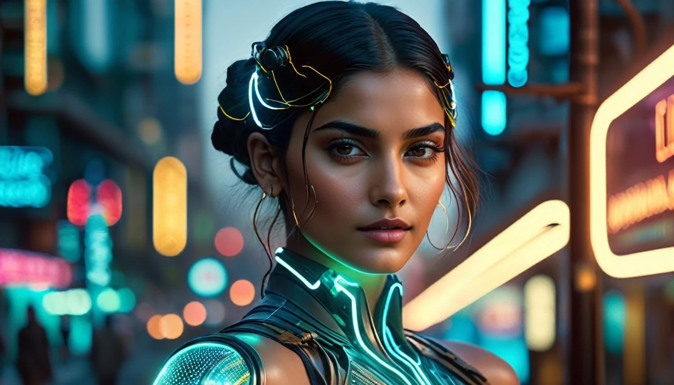 cyberpunk girl, Sonam Kapoor look a like. glowing wires, dark city, reflective puddles, neon signs,, Photorealistic, Hyperrealistic, Hyperdetailed, analog style, soft lighting, subsurface scattering, realistic, heavy shadow, masterpiece, best quality, ultra realistic, 8k, golden ratio, Intricate, High Detail, film photography, soft focus, RAW candid cinema, 16mm, color graded portra 400 film, remarkable color, ultra realistic,
