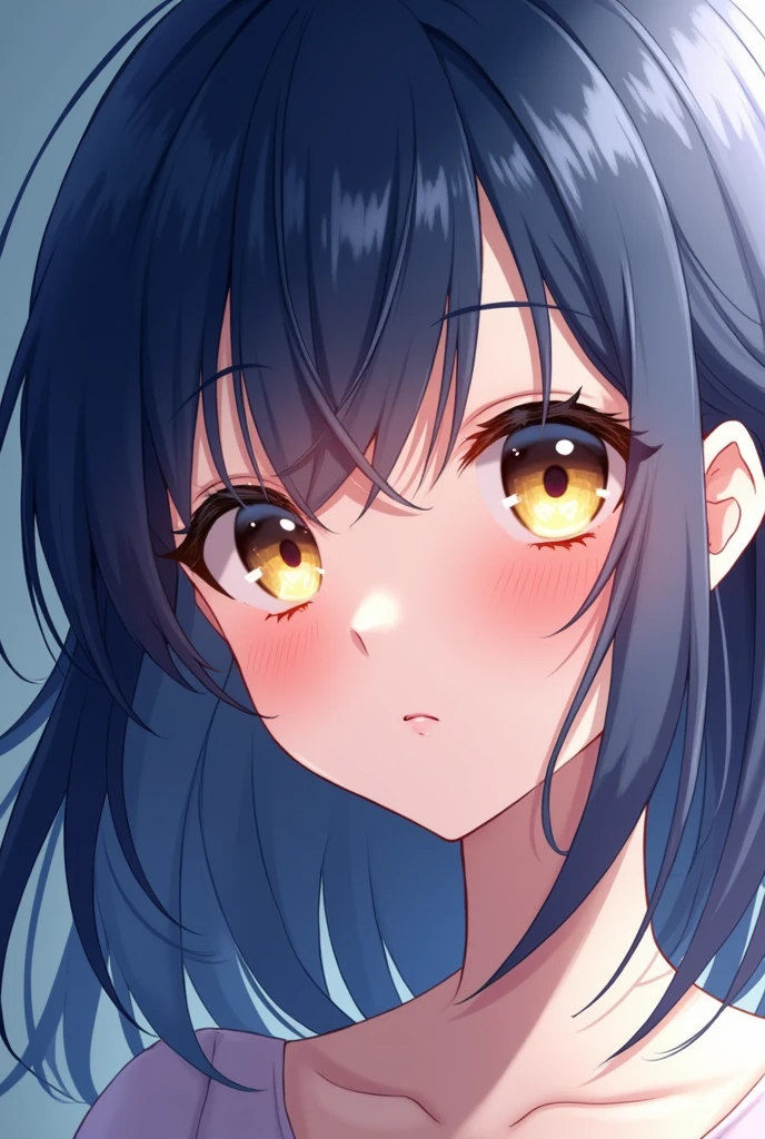 Dark blue hair girl with golden eyes anime girl 
Blushing 