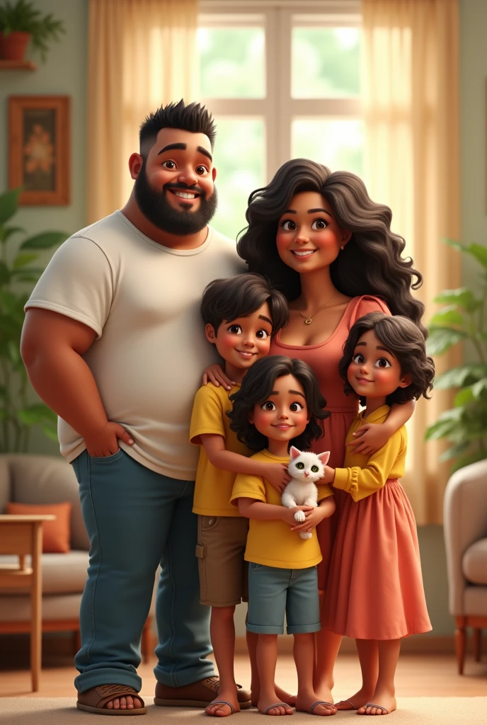 Create an image of a family of 4 people, 2 fathers and 2 girls, The father is tall and chubby and the mother has cinnamon skin and medium height.;  One girl looks like her dad and the other likes her mom. The mom&#39;s hair is wavy with a Latin look and one girl is chubby and they have a Roman kitten. 