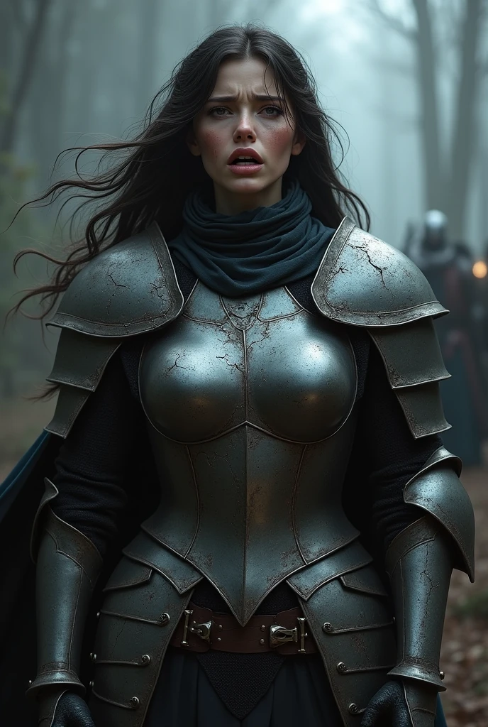 a woman knight with broken armor, big breasts, scared expression, detailed eyes, lips, face, long eyelashes, medieval fantasy, concept art, dark dramatic lighting, moody atmosphere, high detail, 8k, best quality, masterpiece