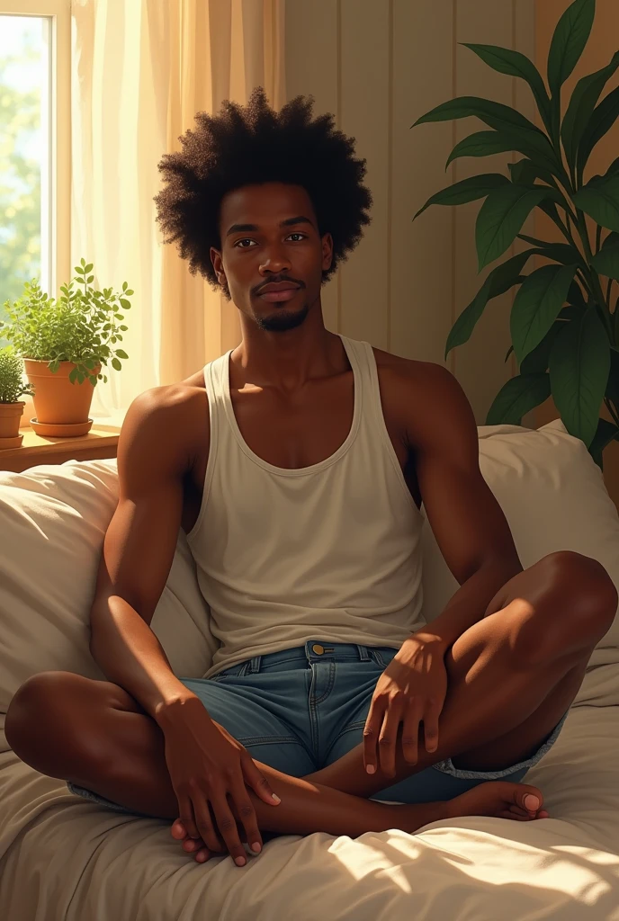 (photorealism:1.2), 1  man sitting on bed, wearing tank top,denim shorts,afro, indoors, soft lighting, plants in background, window with sunlight, cozy room, relaxed pose, realistic, intricate details, warm colors, by Greg Rutkowski, by Alphonse Mucha