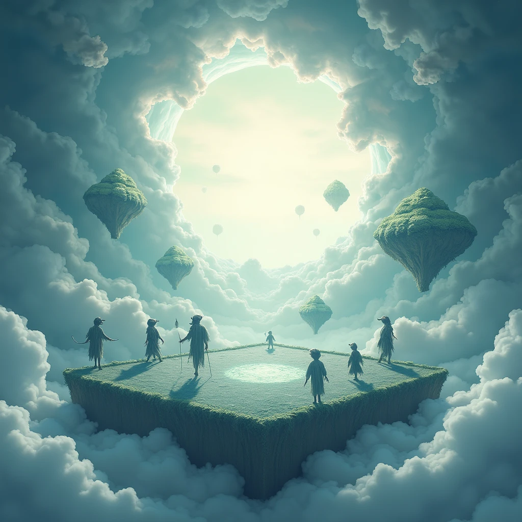 Surreal Dreamscape Template: A surreal, high-quality Instagram cover featuring an otherworldly dreamscape of floating islands, clouds, and fantastical creatures. The central image area appears as a portal within this dreamscape, while a wavy, cloud-like box hovers beneath it for your caption, using whimsical fonts to complete the surreal theme.