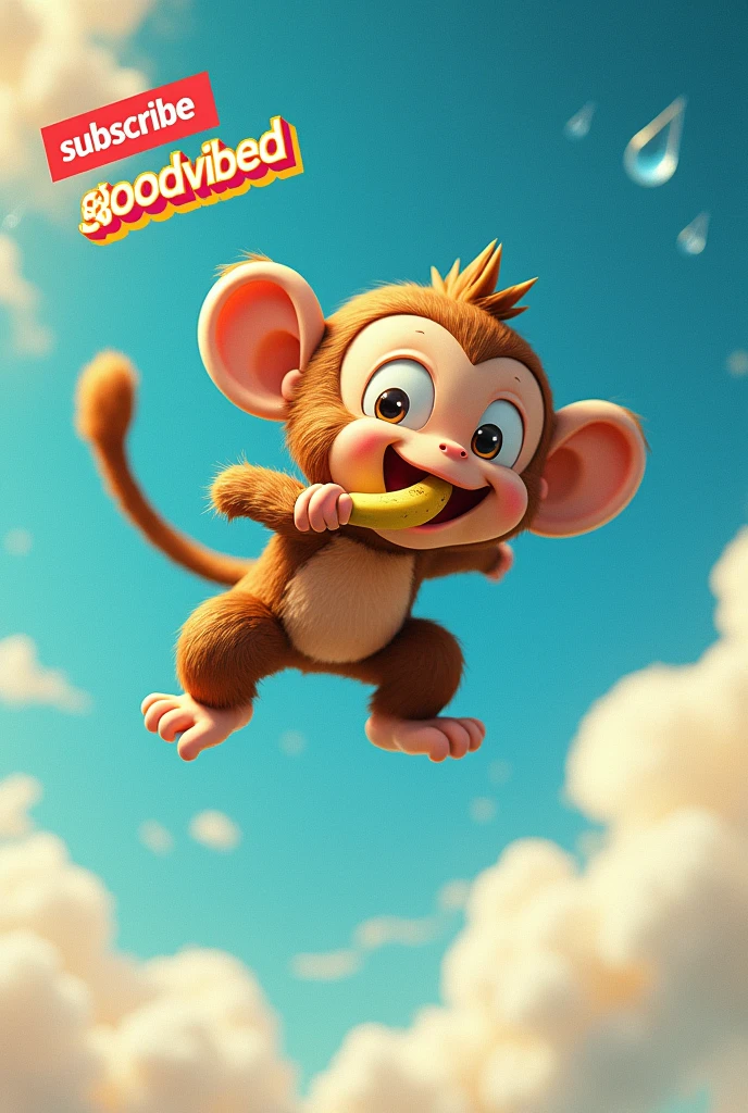 Write "Subscribe:GoodVibed" in red box and make image of levitate monkey flying eating banana in sky in the center and also show raining symbol with high graphic design
