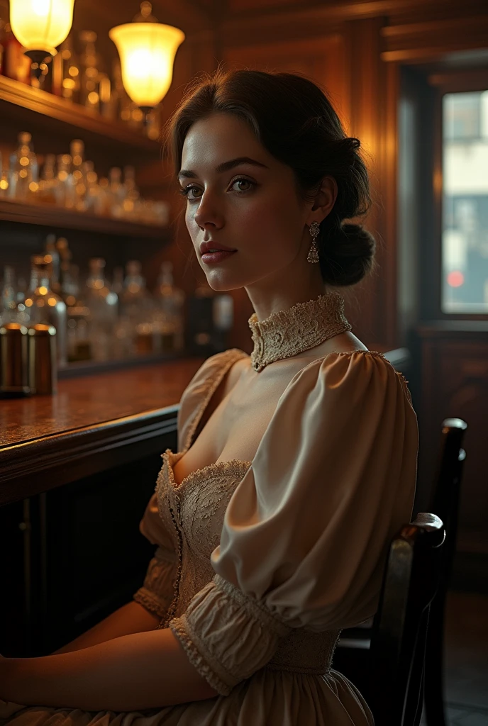 Hyper realistic woman sitting inside an old bar in Victorian era
