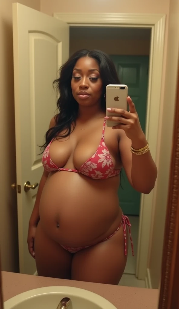 Pov view with fisheye camera angle when pregnant stepmom Cardi B has a fat body taking a selfie wearing a bikini and holding an iPhone in front of the bathroom mirror with a big belly. HD, cinematic, 8k, extra detail, high shapering, masterpiece, fujifilm