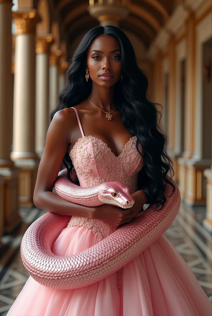 A realistic image of an African woman portraying African royalty. She has long, wavy hair flowing elegantly down her back, embodying grace and nobility. She is wearing a light pink royal gown with exquisite details, symbolizing her royal status. A large, shimmering pink snake is wrapped around her body, its iridescent scales glistening in the light. The snake's head, mature and majestic, rests on her shoulder, adding an aura of power and mystique. The background is a grand palace with luxurious architecture, ornate columns, and rich decor, enhancing the royal atmosphere. The overall scene conveys a powerful blend of beauty, strength, and regality, creating a captivating and lifelike depiction of African royalty.