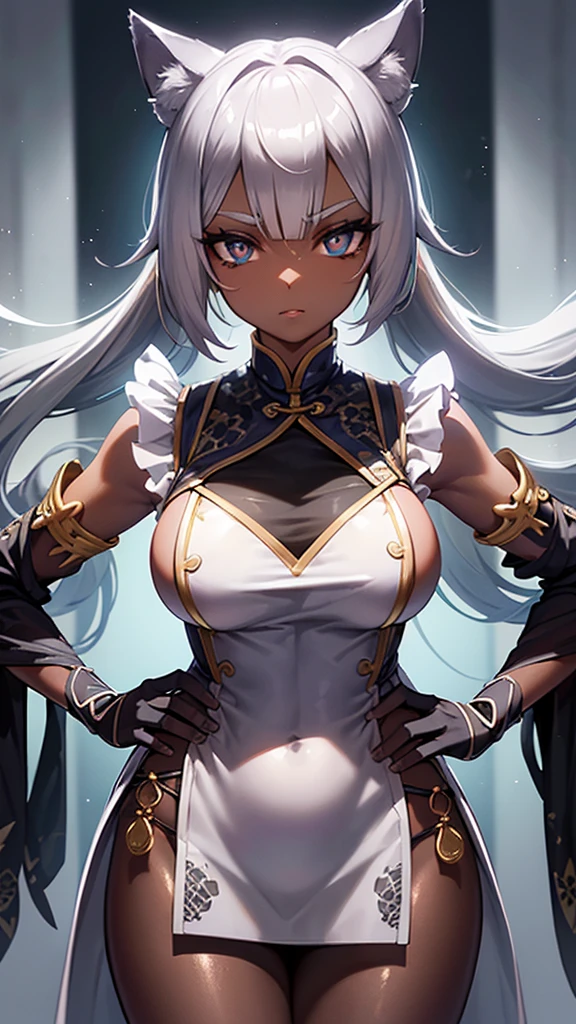 （dark skin),Silver Hair,((Fox Girl)),(Perfectly detailed face),(Young),twintails,((fine cloth texture, sleeveless leopard print cheongsam, slit at waist)),(wedgie),spread legs,High quality,Ultra detailed, best quality,insanely detailed,beautiful,masterpiece,((highly detailed cheongsam,highly detailed beautiful eyes,highly detailed beautiful face)),super detailed skin,cowboy shot