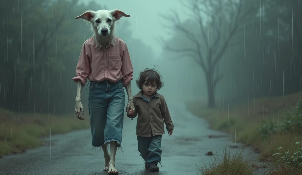 A bony white dog crying, dressed in a pink blouse and blue jeans, walking with a child in the rain