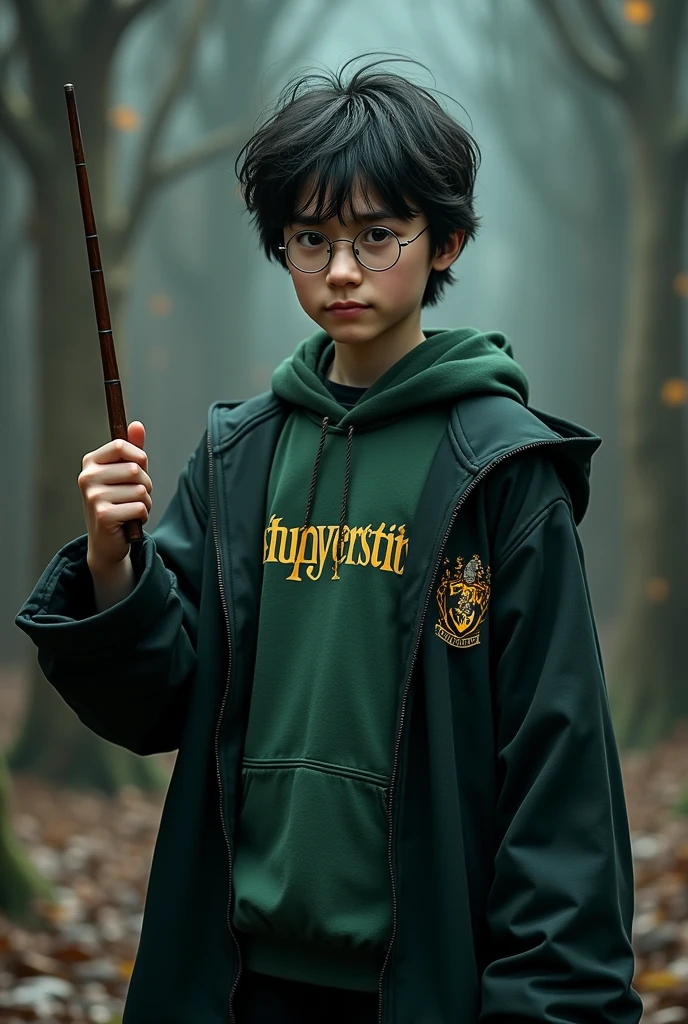 Harry potter wearing clothes with the word stefanycristina written on them holding a wand