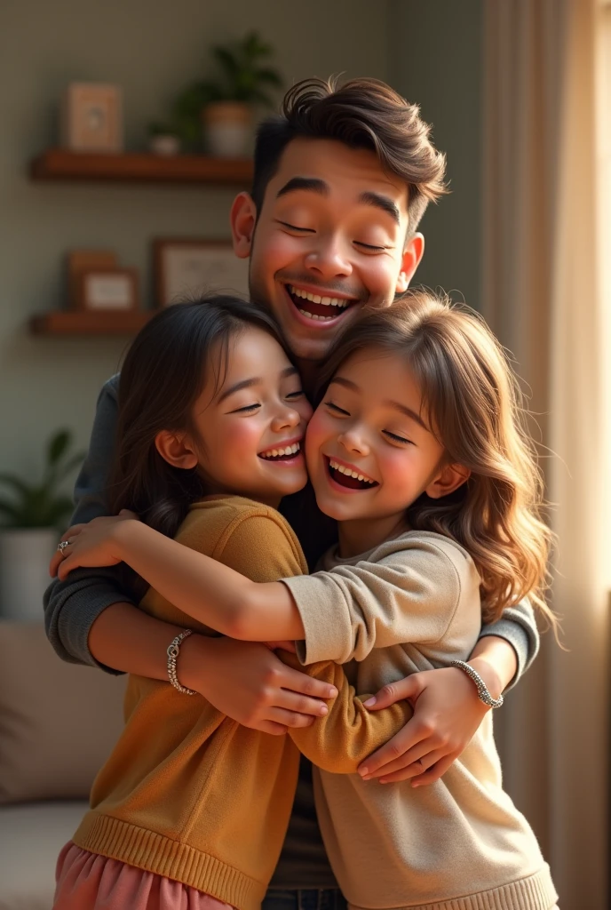 One brother laughing with his two sister hug