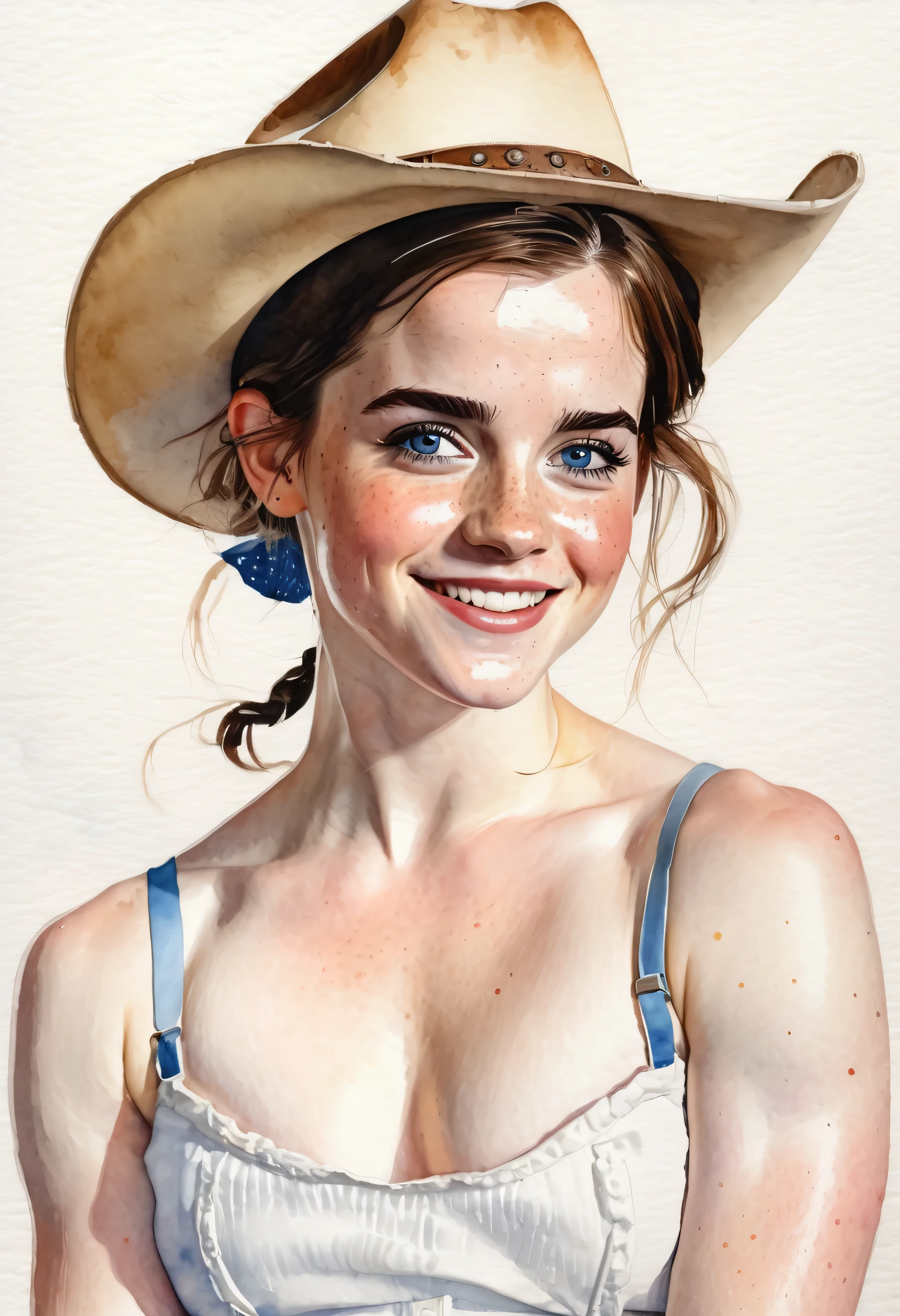 a watercolor painting of a ((pale skin)), defined muscles, six-pack abs, freckled, brunette woman resembling Emma Watson, with blue eyes, blushing cheeks, pigtails, cowboy hat, naked, smiling, in the style of Norman Rockwell