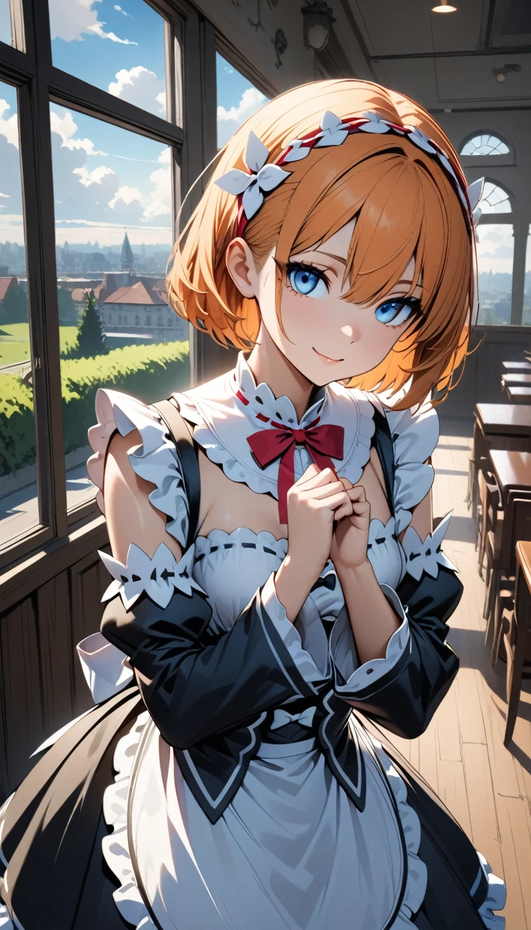 masterpiece,Highest quality,anime,(2D:1.2),indoor, ,  One girl, roswaal mansion maid uniform, alone, maid, Cyan blue eyes, short hair,bow hairband, Hair between the eyes, Removable sleeves, View your viewers, Red Hairband,ribbon, bangs, Recall, bow, Orange Hair,red ribbon, black sleeves, window, Long sleeve, apron, white bow, Frills,ribbon trim,A light smile, with own hands,