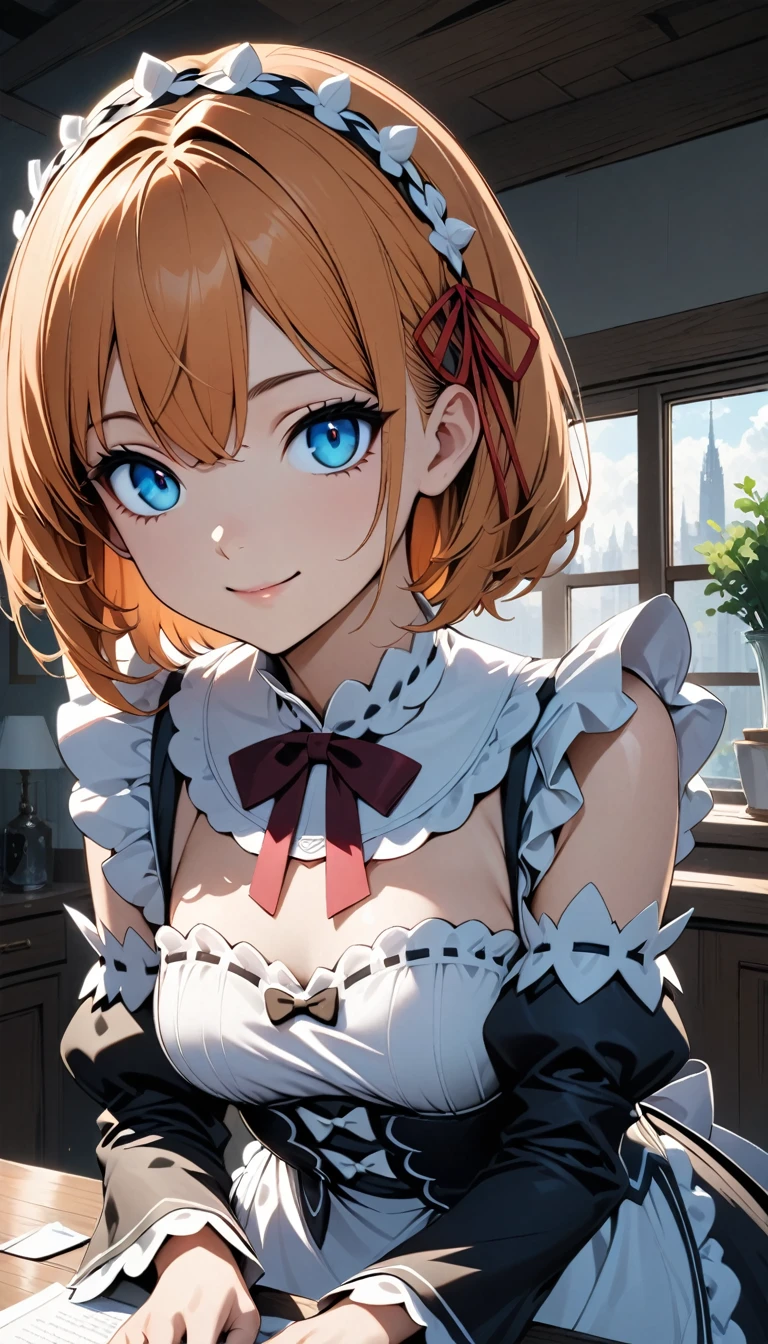 masterpiece,Highest quality,anime,(2D:1.2),indoor, , One girl, roswaal mansion maid uniform, alone, maid, Cyan blue eyes, short hair,bow hairband, Hair between the eyes, Removable sleeves, View your viewers, Red Hairband,ribbon, bangs, Recall, bow, Orange Hair,red ribbon, black sleeves, window, Long sleeve, apron, white bow, Frills,ribbon trim,A light smile, with own hands,