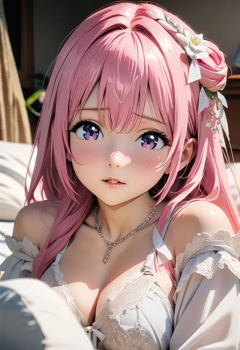 (Highest quality, 4K, 8k, High resolution, masterpiece:1.2), Very detailed, Picturesque, Anime style photo, Photo Anime:1.37)、a beautiful girl、(pink hair)、(long hair)、white lily Hair Ornaments、On the bed、white lace under wear、white wings Doroty