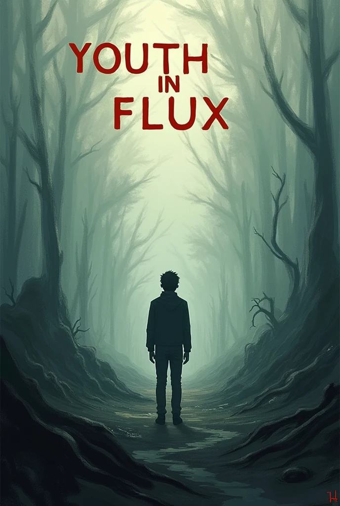 Create a book cover named as youth in flux written by rishabh Bilahaniya.dark theme