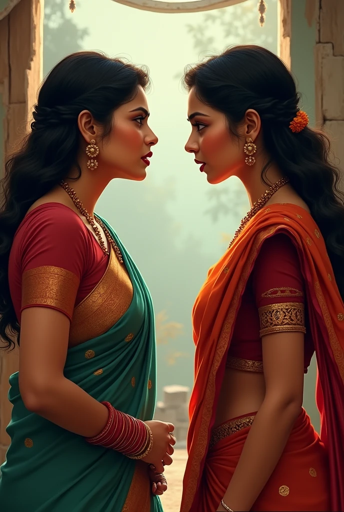 Two Indian women in saree quarrel each other staring with butt