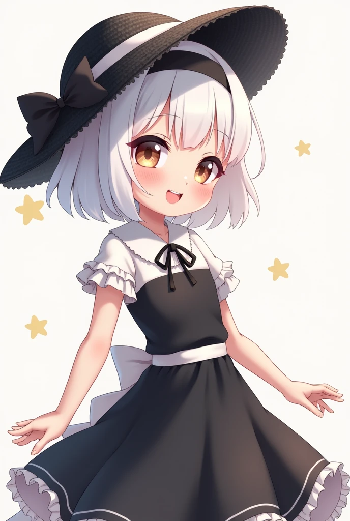 beautiful illustration, best quality, cute petit girl, a short white hair with black headband, wearing a beautiful black dress with white belt, cute features, a beautiful smile, a black straw hat 