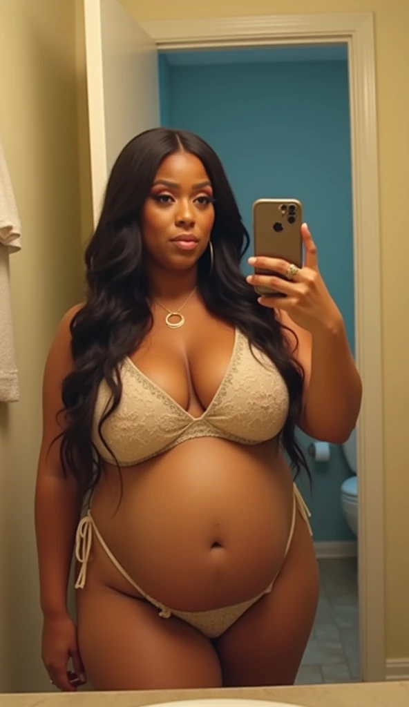 Pov view with fisheye camera angle when pregnant stepmom Cardi B has a fat body taking a selfie wearing a bikini and holding an iPhone in front of the bathroom mirror with a big belly. HD, cinematic, 8k, extra detail, high shapering, masterpiece, fujifilm