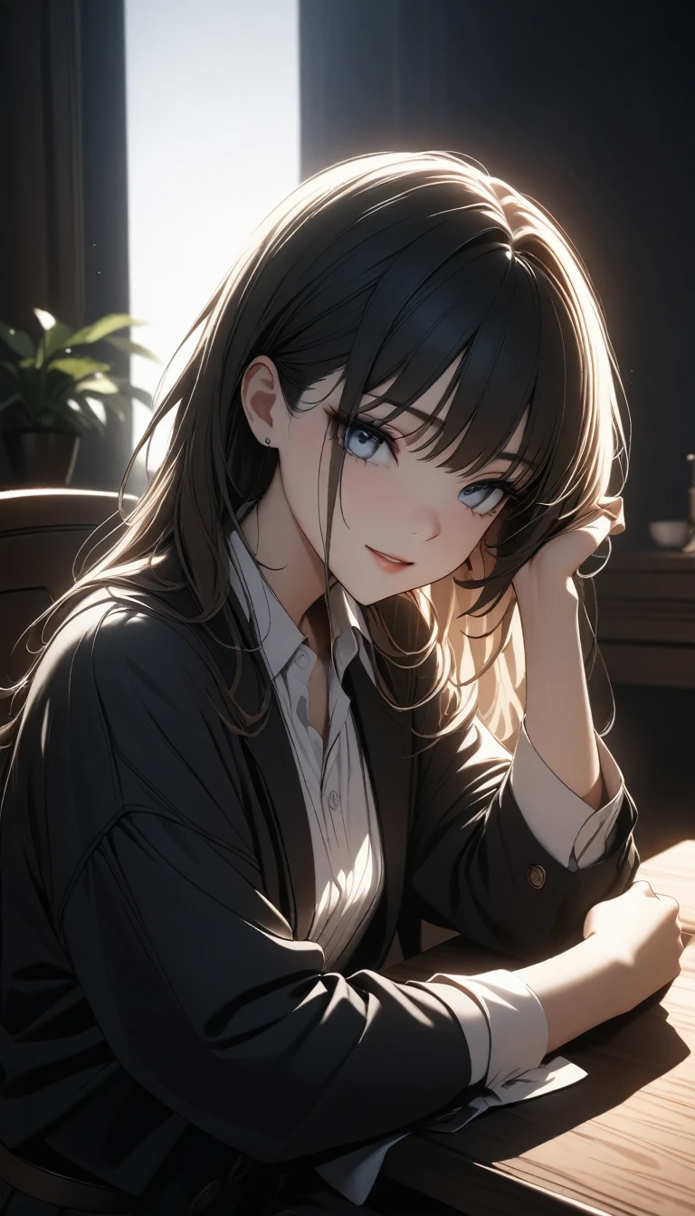 (high quality, 8k, 4K, High Contrast, masterpiece:1.2, 最high quality, Best aesthetics),((最high quality, 8k, masterpiece :1.3)), A woman was sitting at the table