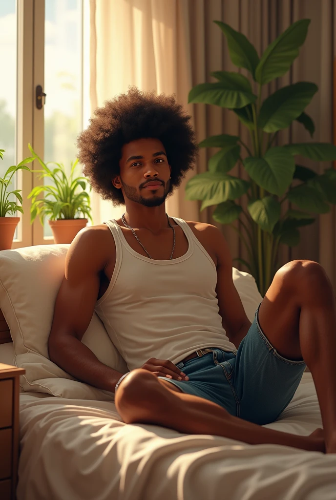 (photorealism:1.2), 1 man sitting on bed, wearing tank top,denim shorts,afro, indoors, soft lighting, plants in background, window with sunlight, cozy room, relaxed pose, realistic, intricate details, warm colors, by Greg Rutkowski, by Alphonse Mucha