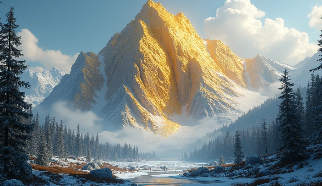 A mountain made of gold and platinum ore(best quality,4K,8k,High level,masterpiece:1.2),Ultra Detailed,(lifelike,Photo real,Photo real:1.37)