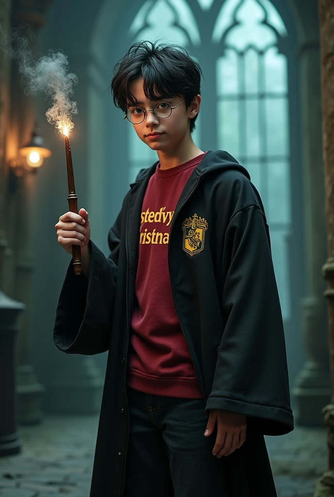 Harry potter wearing clothes with the word stefanycristina written on them holding a wand