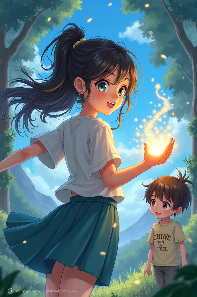 A girl doin magic with a boy draw in anime style little realistic