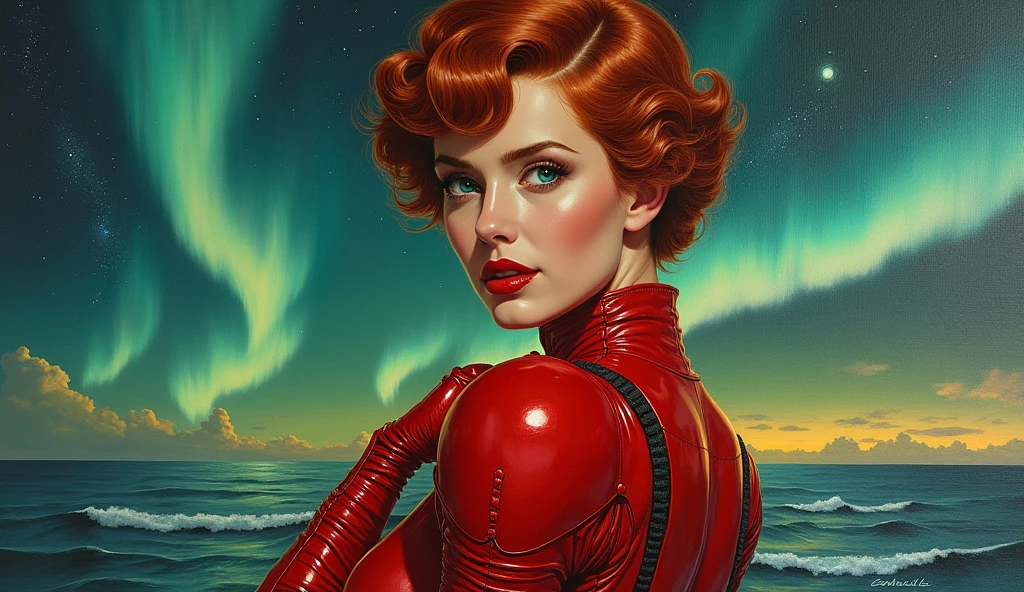 High-quality realistic acrylic painting, VIVID COLORS, back point a view, a beautiful vintage woman with short red curly hair, looking at the viewer with suspicious face and a shy smile, red lips, she wears space red rubber Lackluster armor, hands in the waist, dramatic yellow lights, background of nigh of aurora borealis in open sea