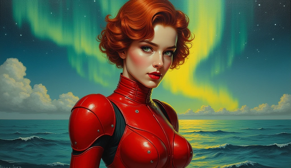 High-quality realistic acrylic painting, VIVID COLORS, back point a view, a beautiful vintage woman with short red curly hair, looking at the viewer with suspicious face and a shy smile, red lips, she wears space red rubber Lackluster armor, hands in the waist, dramatic yellow lights, background of nigh of aurora borealis in open sea