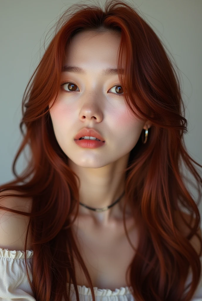 create a korean ulzzang with long dark red hair, big round brown eyes, fair skin, soft features and alternative style