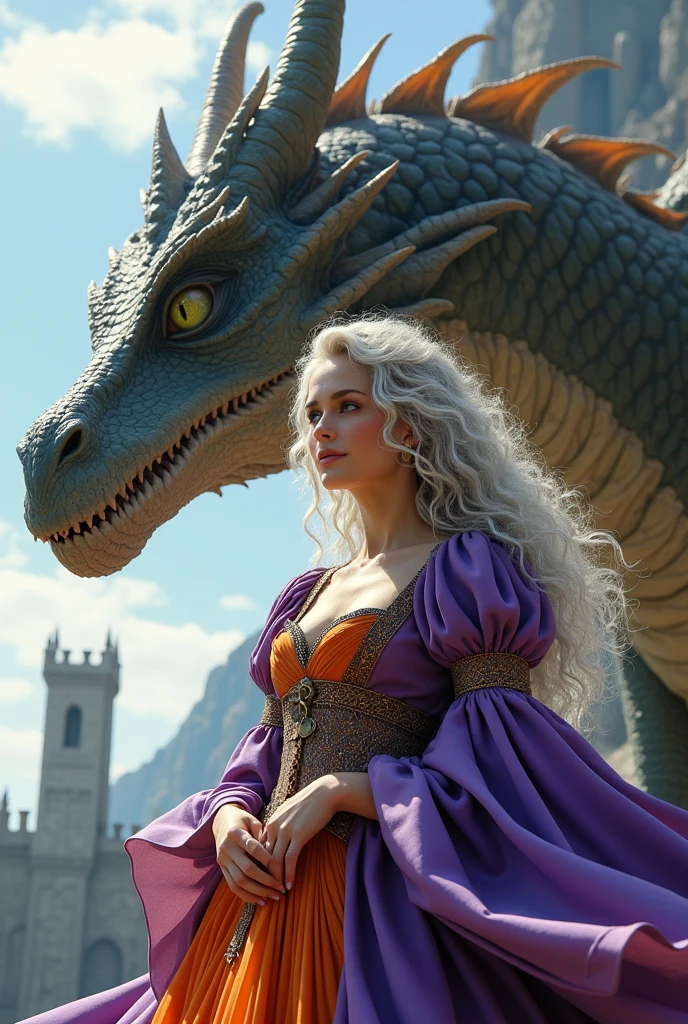 Woman in purple and orange medieval dress. Woman with silver-white wavy and curly hair and dark violet eyes. woman next to her sky blue dragon, huge and fierce dragon, Dragon with green eyes. Zoom in on the woman.
Gigantic and majestic castle in the background. Castle with white stones.