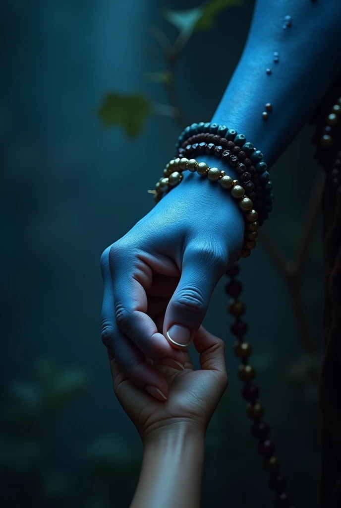 Photo of one hand of Shiva's blue hand having rudraksha maala around it holding a hand of a indian boy. Image signifying shiva helping the boy. Hands to be holding just the way a father holds his childs hand while walking. Photo to have a dark blur background. Shiva's hand to be blue and photo to be of the back of shiva's fist. Fist should be proper especially with the thumbs