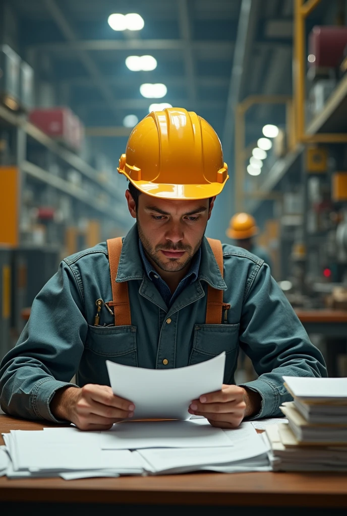 The electrical engineer in the factory is sitting behind the desk in work clothes and a helmet, he is seriously working, he is looking down at the paper and the stack of bills