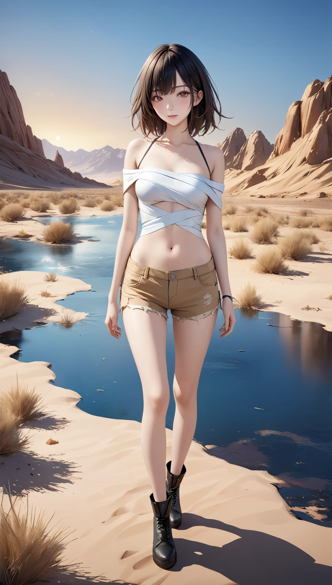 DIY16,best quality, 超HD, masterpieces, 8K, Practical, Anime style, 3D Rendering,masterpiece,need,lifelike,Bare lower abdomen,Sexy,bandage,Layering,Hollow,Full body image,Feral,Khaki washed distressed shorts,Black hair,Open shoulders,Layering,Long legs,,Wasteland Punk Style,desert,The details of wind and dust are complex,,HD,Photography Lighting,16K(Pond in the evening:1.2), (8K, best quality, masterpiece:1.2), (Ultra-high resolution:1.0), Extremely bright design, Soft colors, (ink:1.3), Autumn Lights, High Detail, dramatic, photoPractical painting art