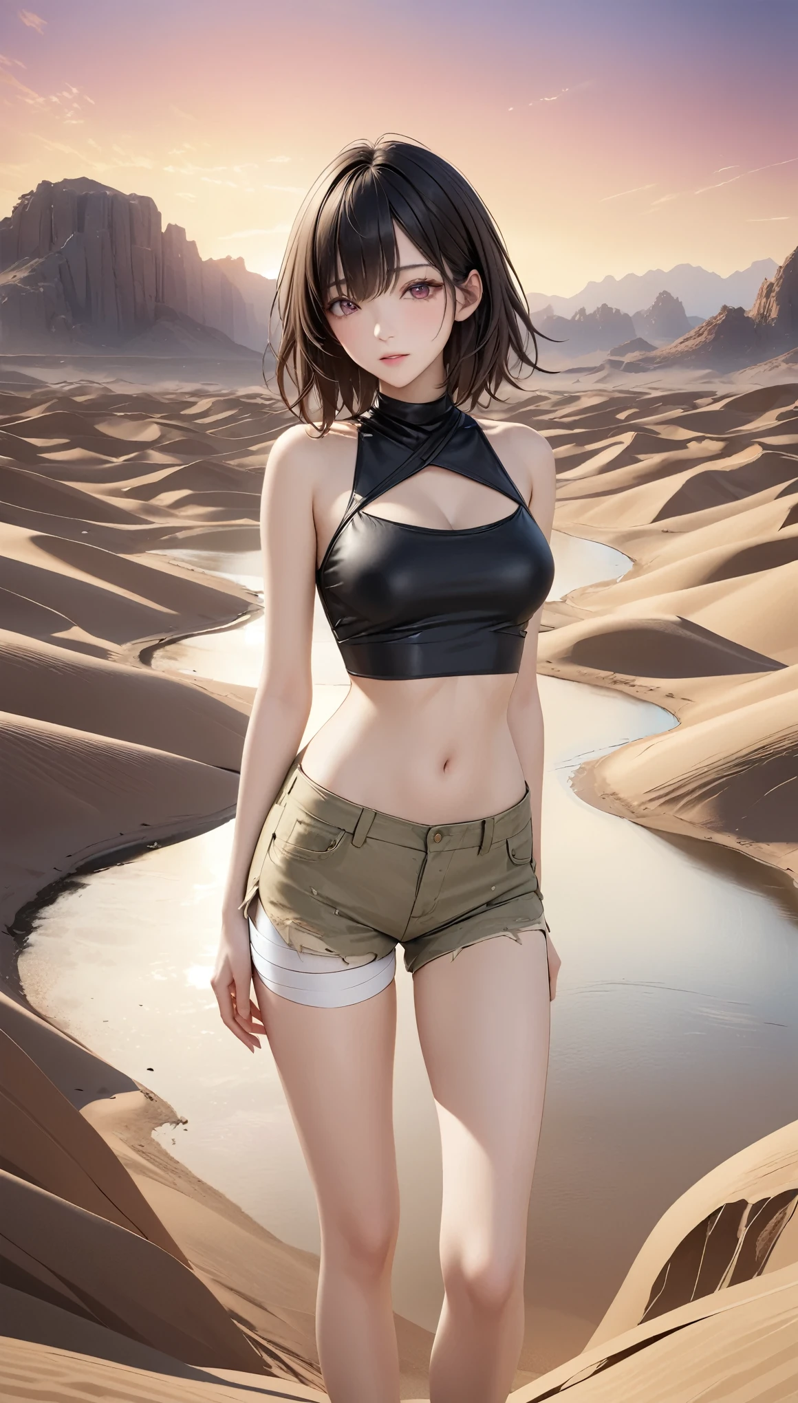 DIY16，best quality, 超HD, masterpieces, 8K, Practical, Anime style, 3D Rendering，masterpiece,need,lifelike，Bare lower abdomen，Sexy，bandage，Layering，Hollow，Full body image，Feral，Khaki washed distressed shorts，Black hair，Open shoulders，Layering，Long legs，，Wasteland Punk Style，desert，The details of wind and dust are complex，，HD，Photography Lighting，16K(Pond in the evening:1.2), (8K, best quality, masterpiece:1.2), (Ultra-high resolution:1.0), Extremely bright design, Soft colors, (ink:1.3), Autumn Lights, High Detail, dramatic, photoPractical painting art