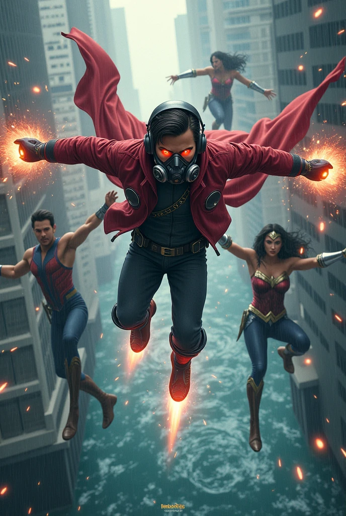 Young Star-lord with red hoodie, headphones, star-lord helmet, gas helmet, covered mouth, round red eyes, Red eyes, magic rings in the hands and rocket boots, Vs. Doctor strange, Vs. Wonder Woman, Fighting, power, fiction, full body, 3 person, magic lasso, hight, fall, fire in boots, poweful spells, fighting, realistic, helmet, mask, red cape, confrontation, punch, gun, flying in the sky, view of the city from above, rain, fighting over the spell book, Black gloves, ocean floor, face cover