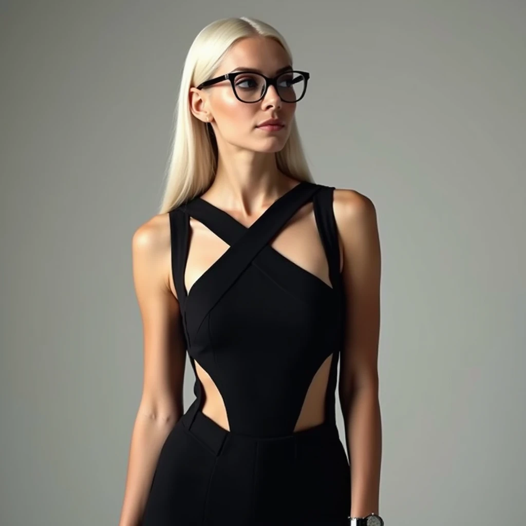 This image portrays a stylish and glamorous woman, poised with a confident and thoughtful expression. She wears a unique black sleeveless dress featuring bold cut-outs, which adds an avant-garde element to her look. Her accessories include a pair of elegant glasses, enhancing her sophisticated demeanor, and a watch, suggesting a blend of luxury and practicality. Her long platinum blonde hair is sleek and styled straight, complementing her minimalist yet striking outfit. This photograph can be used to discuss themes of fashion, individuality, and the blending of modern style with classic beauty.