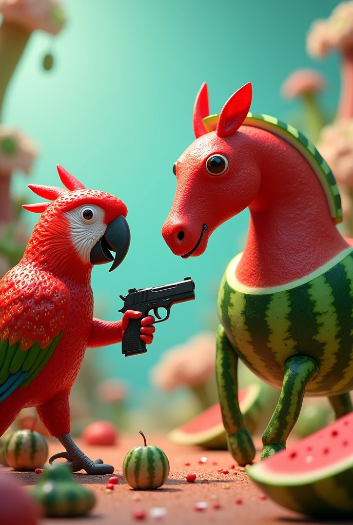 Make a parrot made of strawberry holding a gun fighting a horse made of watermelon