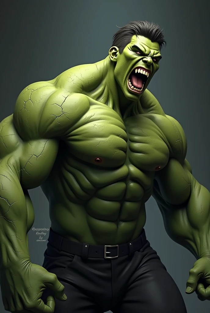 Digital illustration of a muscular, green-skinned character with exaggerated, bulging muscles and a fierce expression. The character's face is contorted in a roar, showing white teeth and a furrowed brow. The skin has a textured, almost stone-like appearance with visible cracks and shading that accentuates the muscle definition. The character has short, dark hair and is wearing dark pants. The background is a gradient of dark colors, which helps to highlight the character's imposing figure. The overall style is highly detailed and realistic, with a focus on the character's intense emotion and physical power. In the bottom right corner, a small, elegant signature reads "IG" by "Artvision", subtly adding a touch of artistic flair to the composition.4K, anatomically correct, masterpiece, high details, award winning, high quality, super detail, best quality, 8k