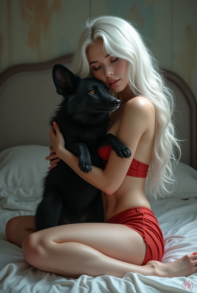 Woman with long, loose, semi-wavy white hair sitting on a bed with her legs crossed, dressed only in a red bra holding a black jackal in her arms lying on her back with its paws up, on the girl's face in digital art style