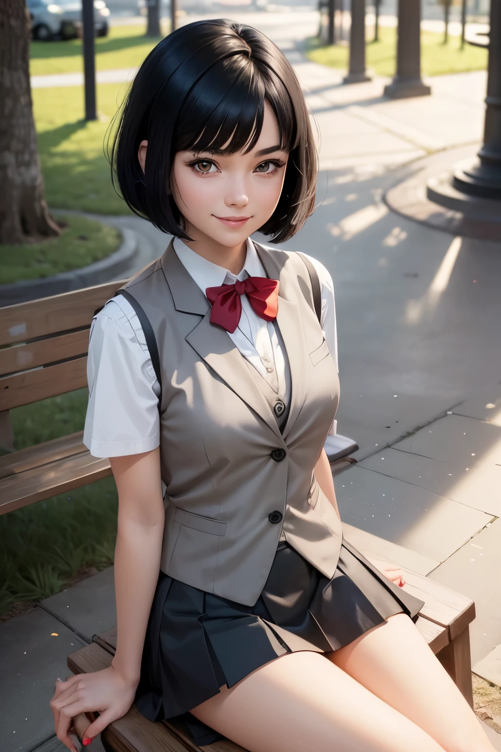 Graphic novel style, 1 stunningly beautiful college girl, smiling, blushing, short black hair, bob cut, wearing a Japanese school uniform, red eyes, 1, ((short black skirt)), toned legs, red bow, ((light gray closed vest)), in the park, (((Sitting)))