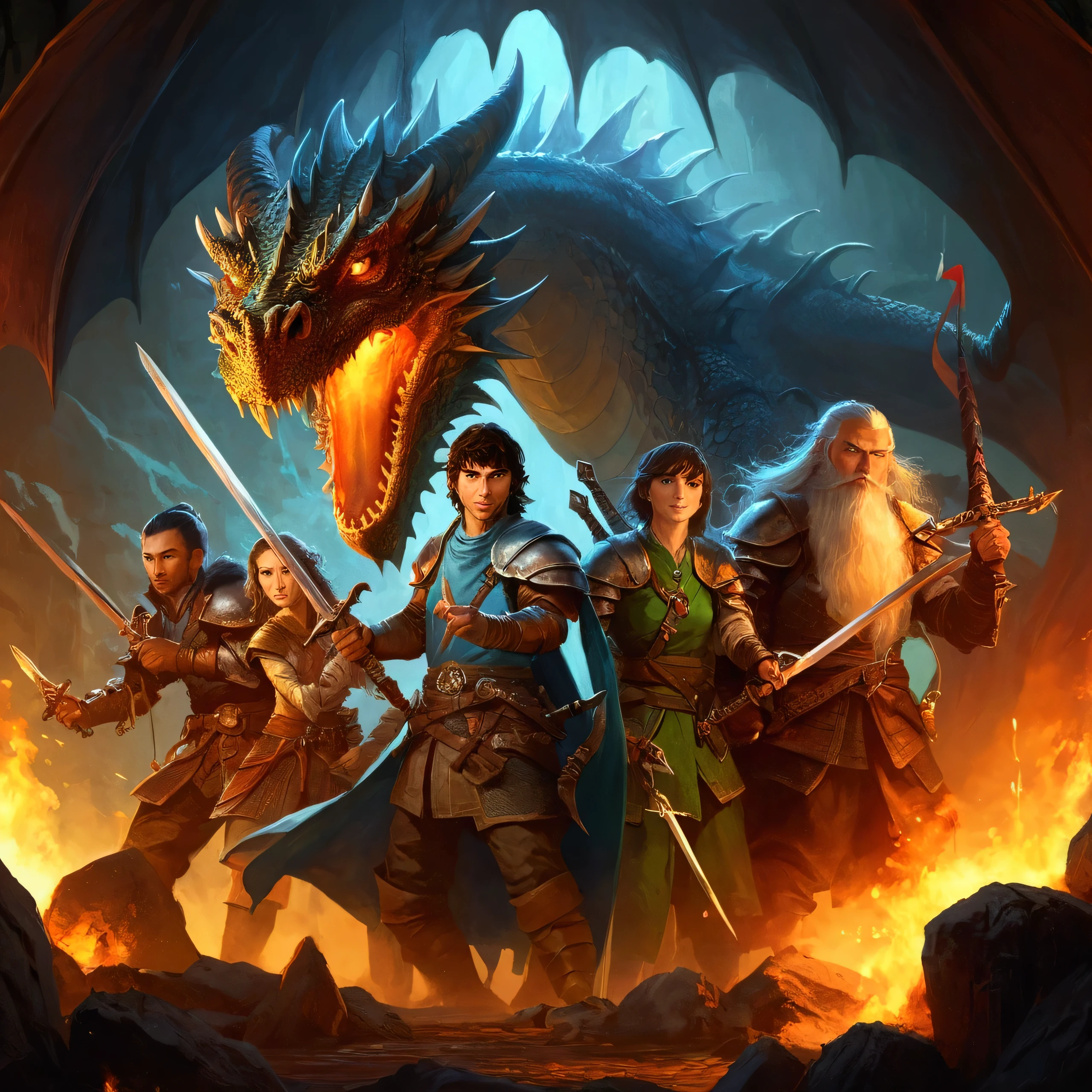 a group of people in front of a dragon with swords, d & d fantasy digital art, Jogo Dungeons and Dragons, d & d digital painting, dungeons and dragons portrait, d & d fantasia pintura digital, dungeons and dragons art, d wallpaper&arte d, epic RPG art, d & d wallpaper, d&d wallpaper, dungeons and dragons art