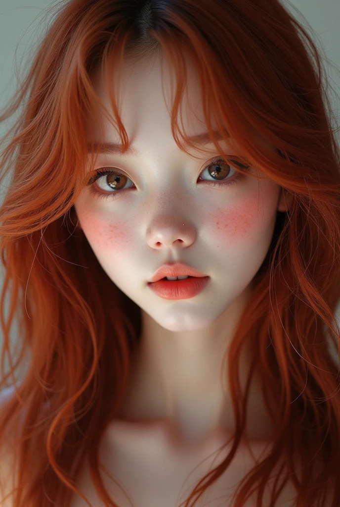 create a korean ulzzang with long dark red hair, big round brown eyes, fair skin, soft features, freckles and alternative style