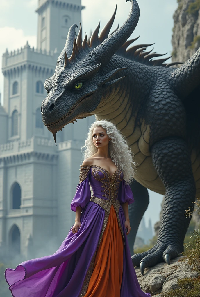 Woman in purple and orange medieval dress. Woman with silver-white wavy and curly hair and dark violet eyes. woman next to her sky blue dragon, huge and fierce dragon, Dragon with green eyes. Zoom in on the woman.
Gigantic and majestic castle in the background. Castle with white stones.