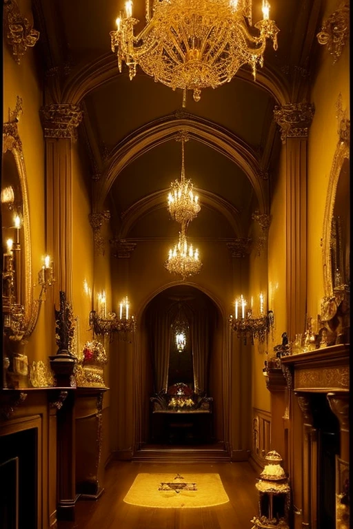Gothic architecture、Yellow and brown atmosphere、Gothic、yellow、wood、very small teddy bear、Teddy bear under the tree、mantelpiece、table、stage、hinterland、room、chandelier、candle、Long corridor、A corridor so long it seems impossible to see the end