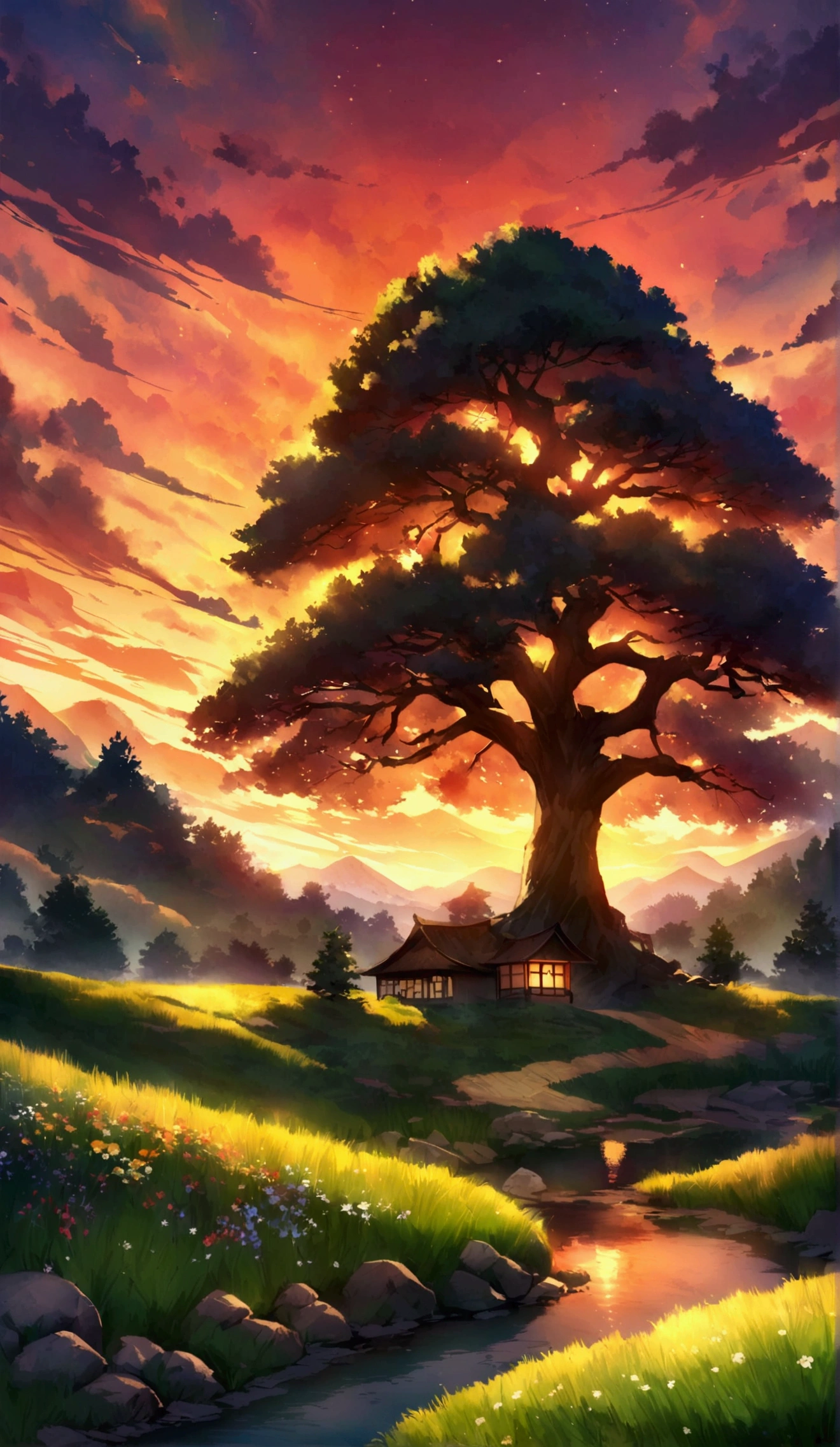Create a Japanese style anime of A serene and picturesque landscape featuring a small, cozy cottage nestled under a large, majestic tree. The scene is set during a vibrant sunset, with the sky ablaze in hues of orange, red, and yellow as the sun dips below the horizon. The cottage emits a warm, inviting glow from its windows and a nearby lantern post.  The surrounding landscape is lush with green grass and dotted with small wildflowers. Above, dramatic clouds in fiery colors dominate the sky, creating a stunning contrast against the darkening blue of the evening sky. The overall atmosphere is peaceful and nostalgic, evoking a sense of tranquility and natural beauty
